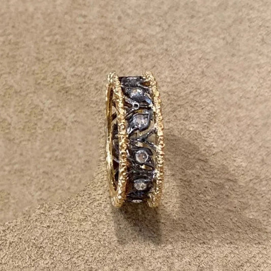 Vintage Gold & Black Carved Leaf Hollow Adjustable Ring-Lydieannejewelry