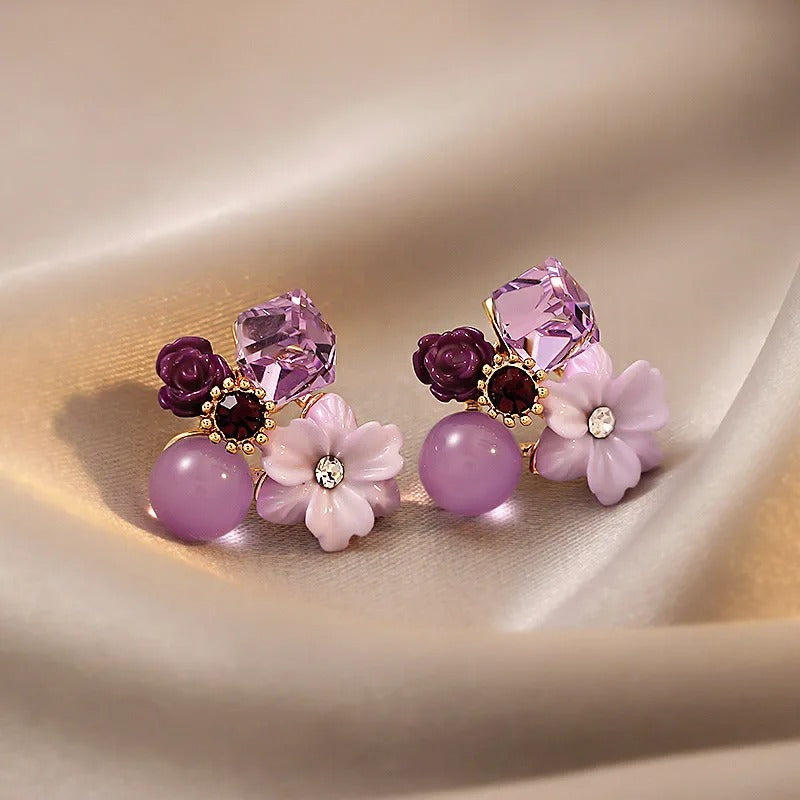 Vintage Floral & Crystal Lavender Earrings-Lydieannejewelry