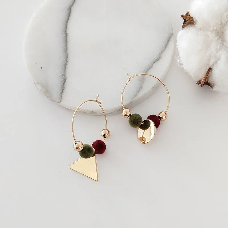 Gold Triangle & Velvet Beads Hoop Earrings-Lydieannejewelry