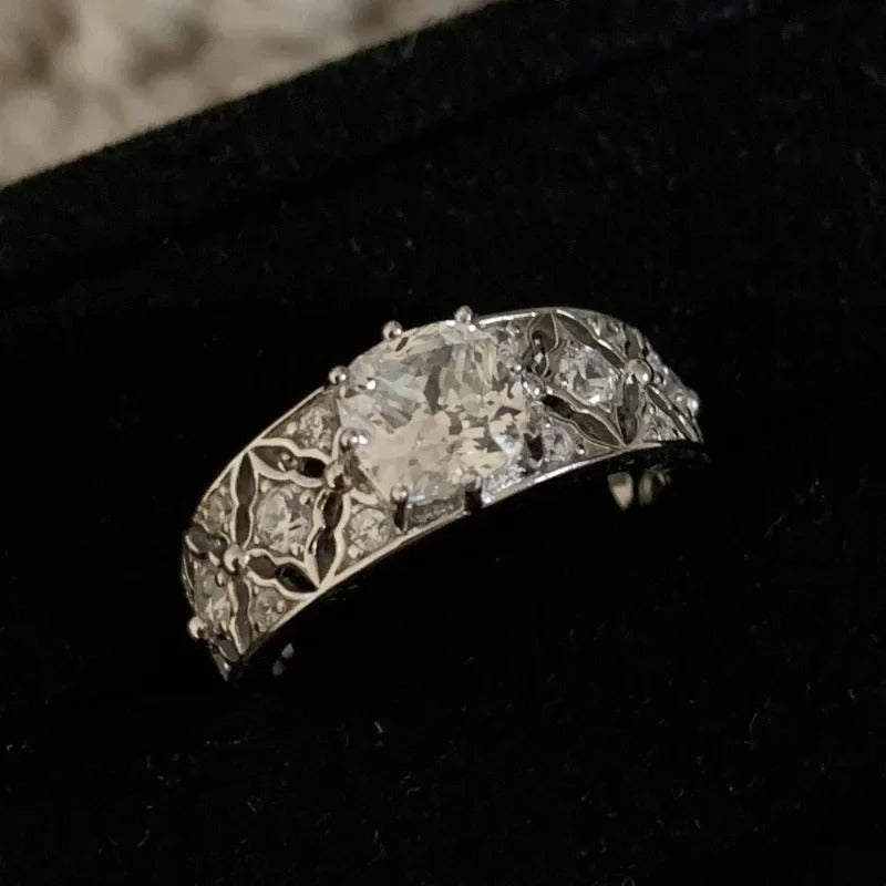 Vintage White Gold & Square Diamond Filigree Adjustable Ring-Lydieannejewelry