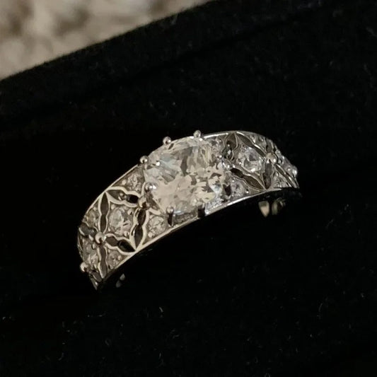 Vintage White Gold & Square Diamond Filigree Adjustable Ring-Lydieannejewelry