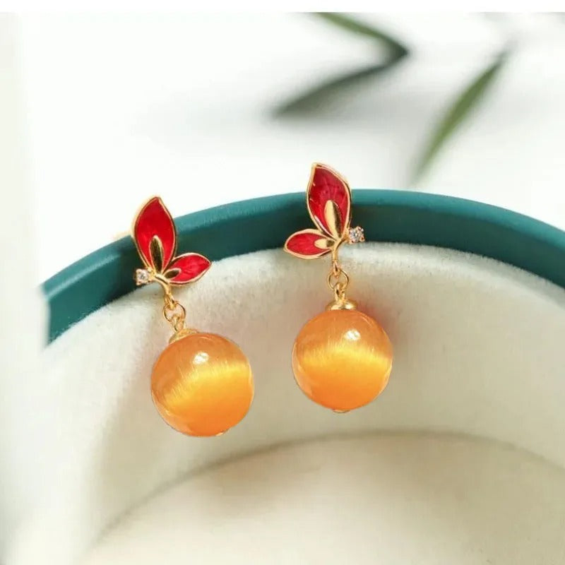 Vintage Gold & Red Butterfly Orange Teardrop Earrings-Lydieannejewelry