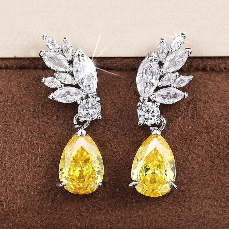 Bright Yellow Pear Zirconia Dangle Earrings-Lydieannejewelry