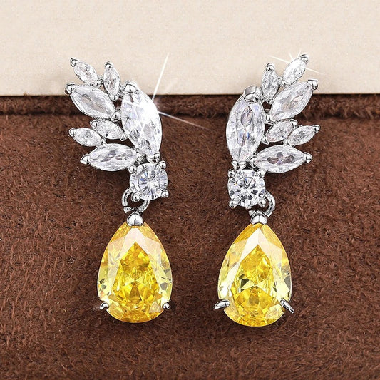 Bright Yellow Pear Zirconia Dangle Earrings-Lydieannejewelry