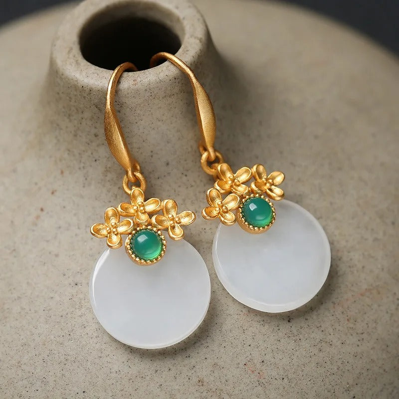 Vintage Gold & Round Green Gemstone Flower Drop Earrings-Lydieannejewelry