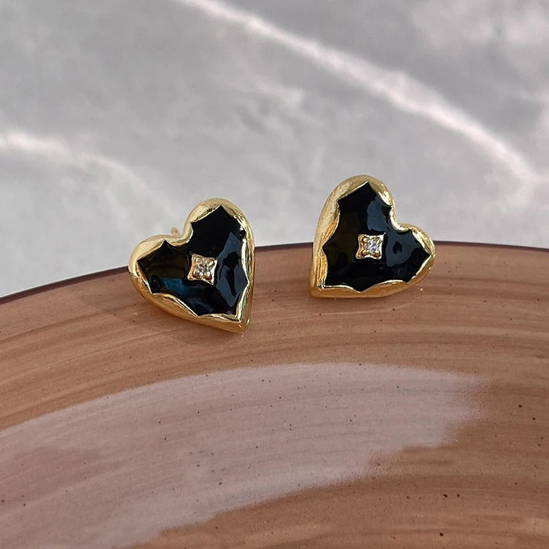 Gold Black Heart Diamond Stud Earrings-Lydieannejewelry