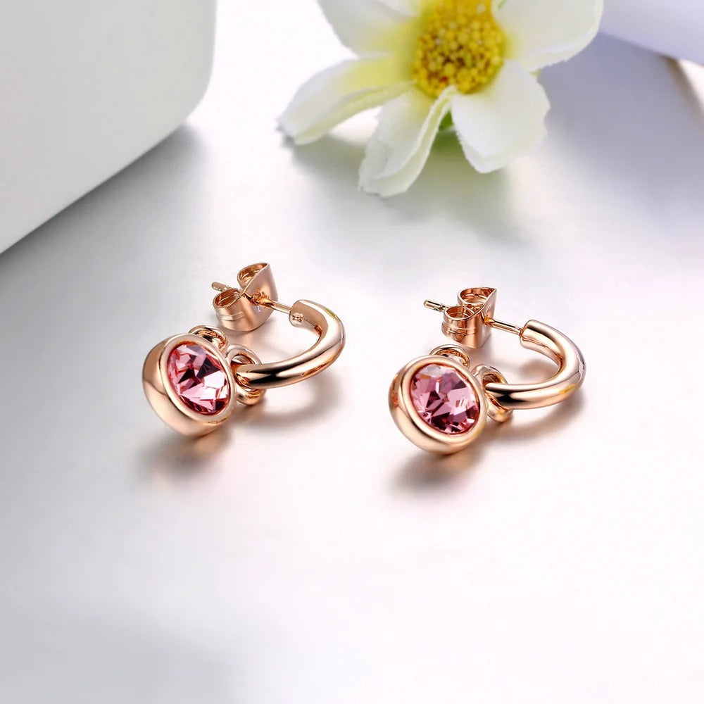 Vintage Rose Gold Pink Crystal Drop Hoop Earrings-Lydieannejewelry