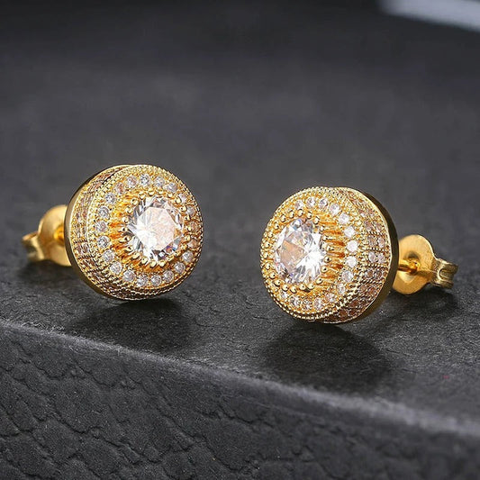 Classic Gold Crystal Halo Design Stud Earrings-Lydieannejewelry