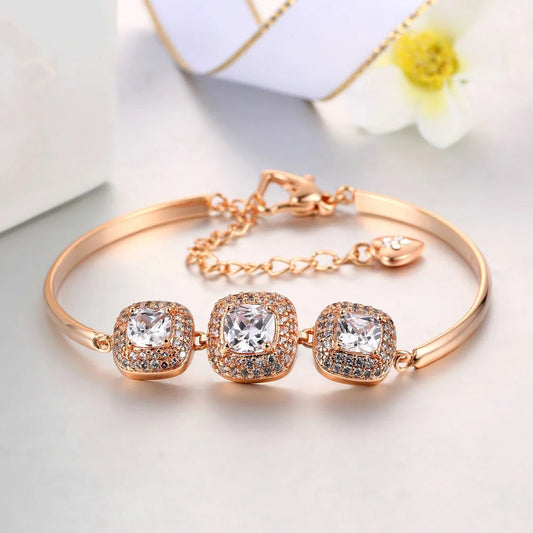 Vintage Rose Gold Triple Crystal Square Design Bracelet-Lydieannejewelry