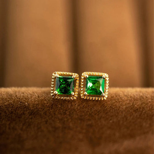 Gold Square Green Gemstone Earrings-Lydieannejewelry