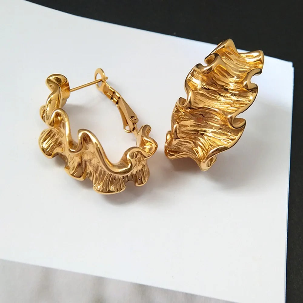 Gold Ruffled Wavy Hoop Earrings-Lydieannejewelry