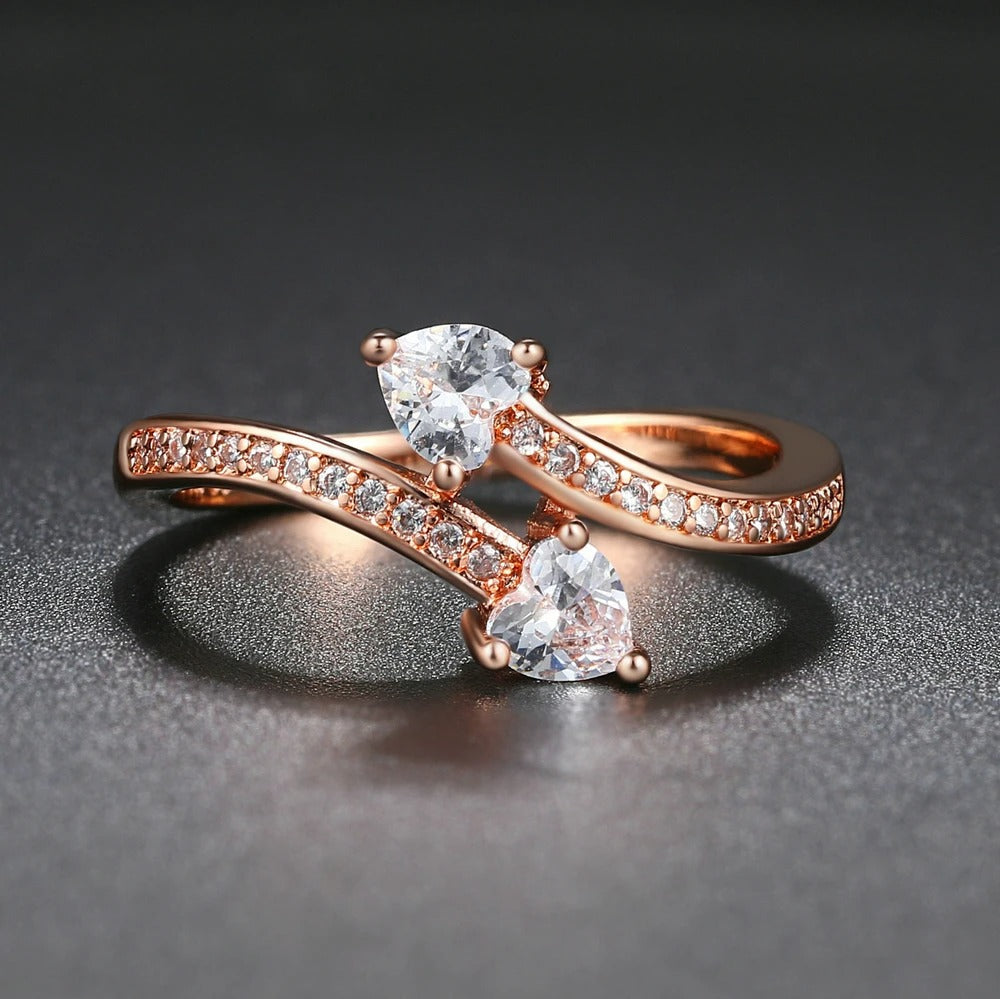 Rose Gold Two Heart Crystals & Paved Crystal Band Ring-Lydieannejewelry