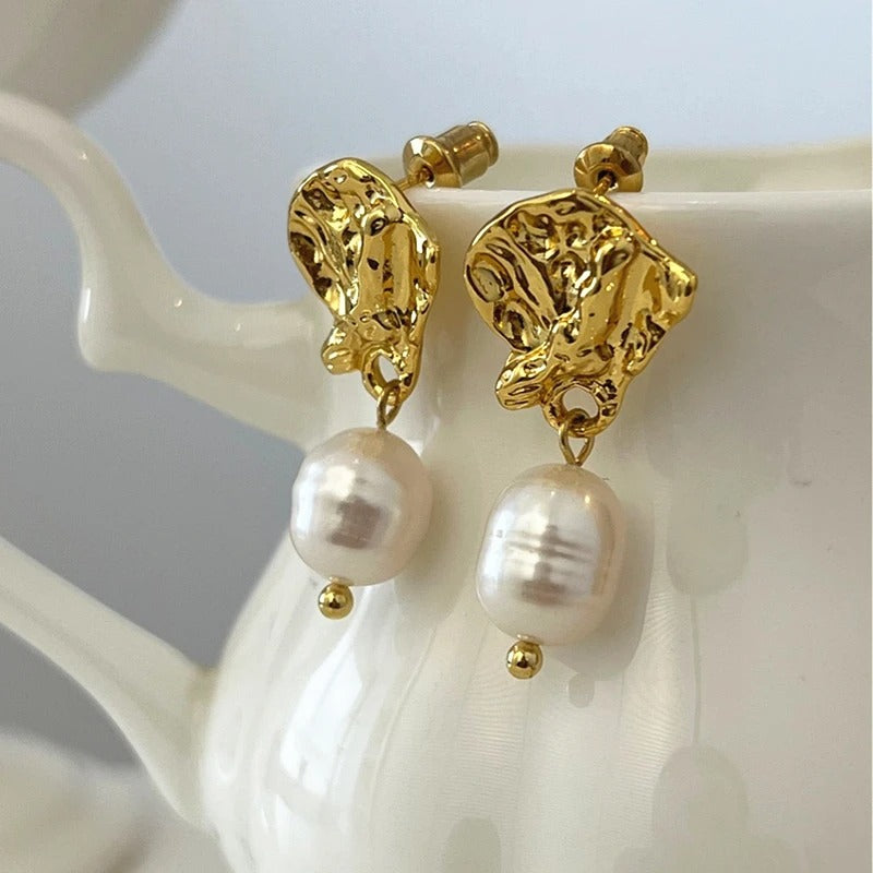 Gold Ear Cuff Pearl Drop Earrings-Lydieannejewelry