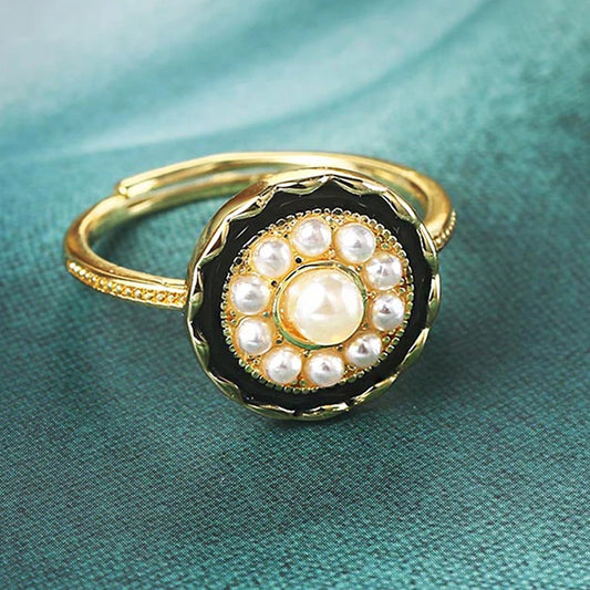 Vintage Gold Black Enamel & Radiant Pearl Adjustable Ring-Lydieannejewelry