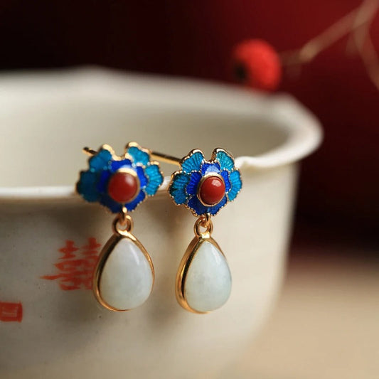 Retro Gold & Blue Floral Red White Gemstone Drop Earrings-Lydieannejewelry