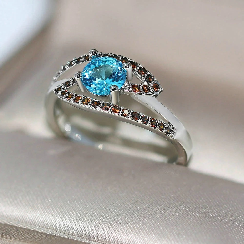 Vintage Silver Blue Gem & Brown Crystal Ring-Lydieannejewelry