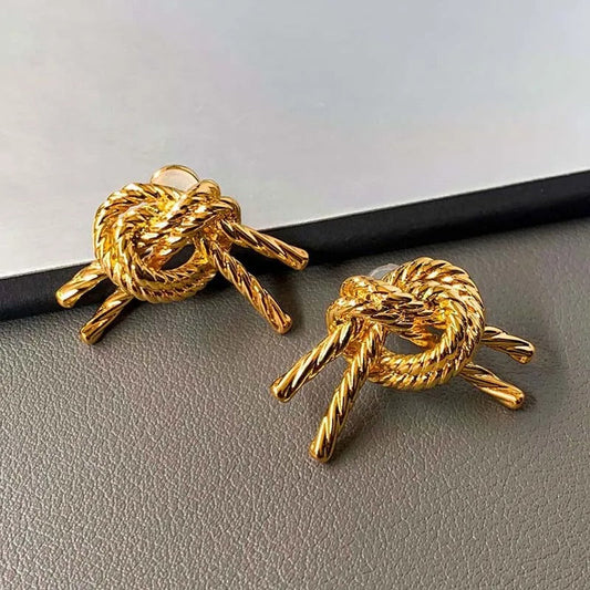 Vintage Gold Knotted Rope Design Earrings-Lydieannejewelry