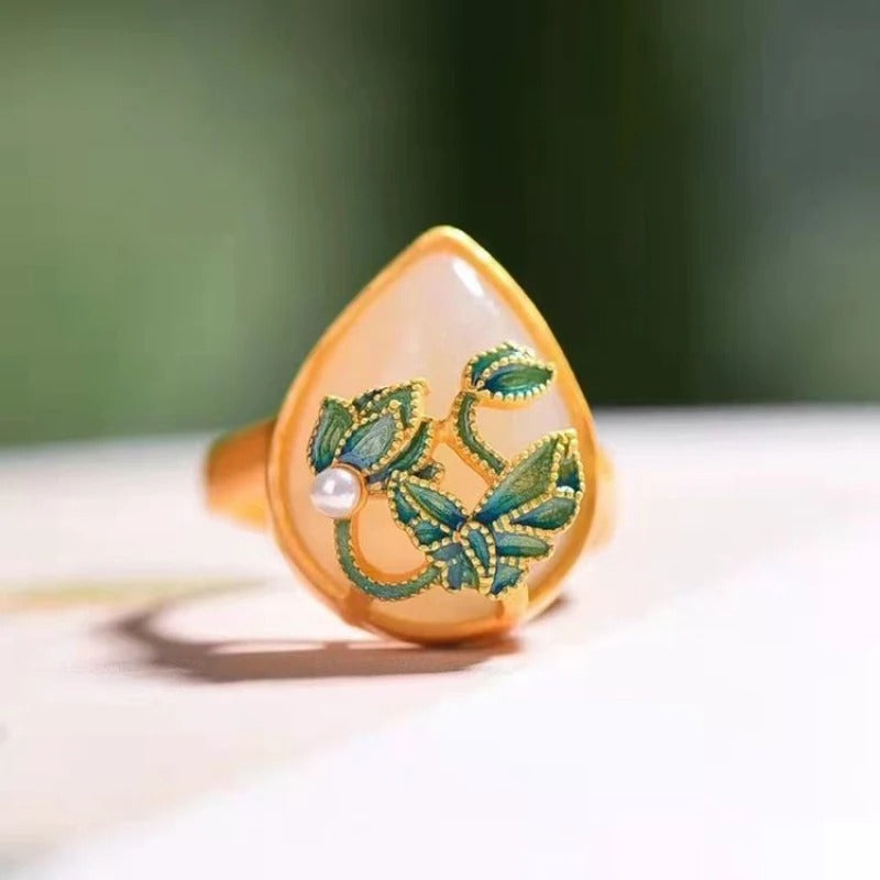 Classic Gold Jade Water Lotus Pearl Adjustable Ring-Lydieannejewelry