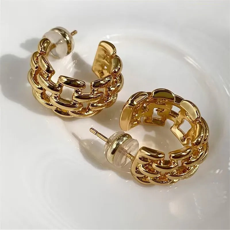Retro Gold Chunky Hoop Design Earrings-Lydieannejewelry