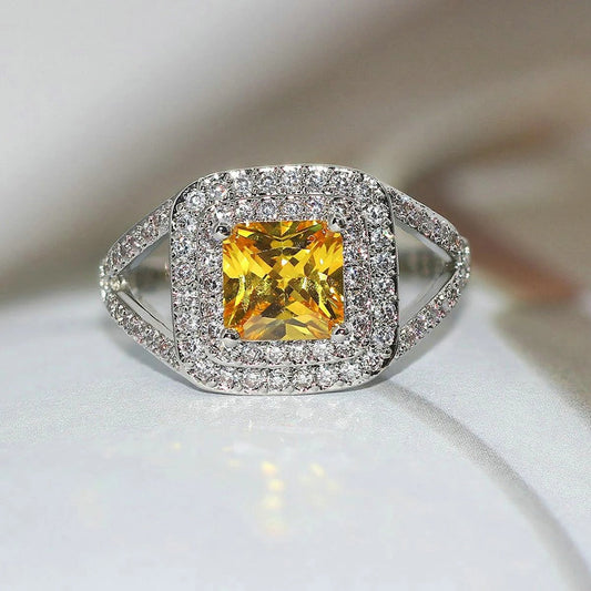 Classic Yellow Gem & Silver Vintage Halo Ring-Lydieannejewelry