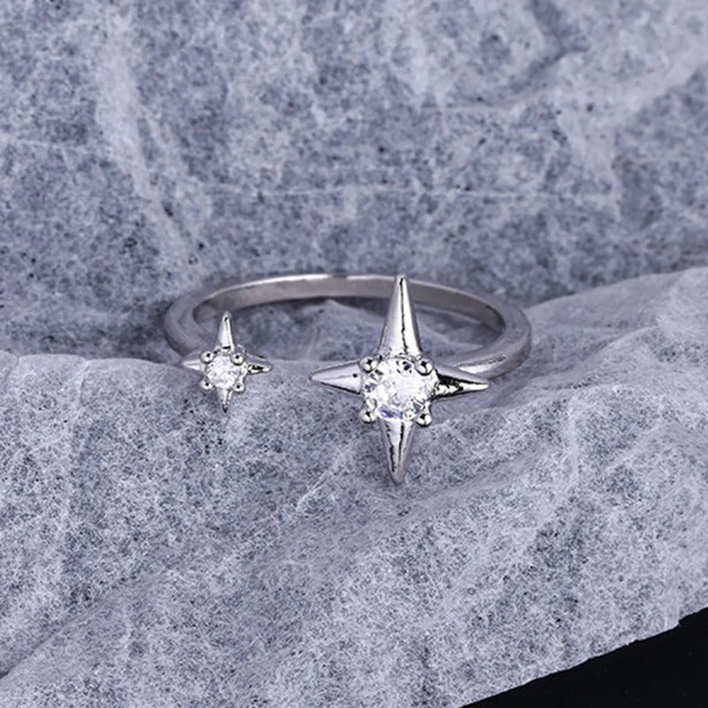 Classic Silver Dual Star & Clear Stone Adjustable Ring-Lydieannejewelry