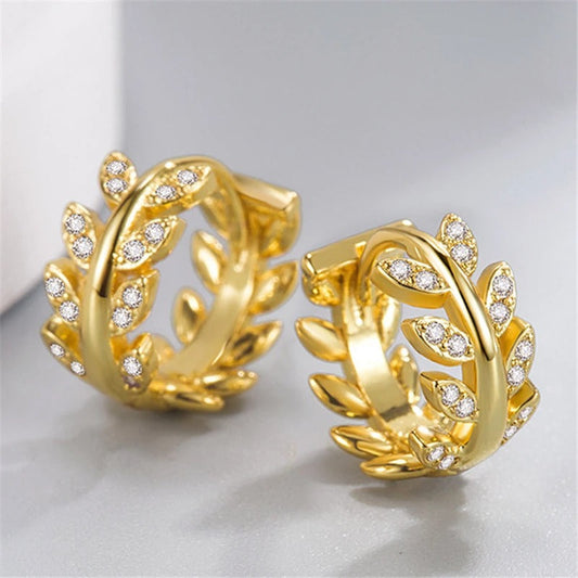 Gold Floral Leaf Design Crystal Hoop Earrings-Lydieannejewelry