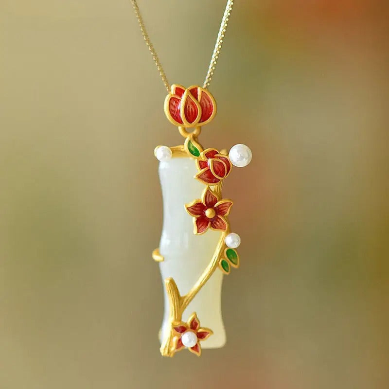 Classic Gold Red Blossom & Pearl Floral Pendant Necklace-Lydieannejewelry