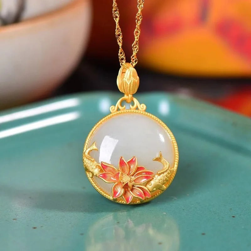 Vintage Gold Lotus & Fish White Gem Pendant Necklace-Lydieannejewelry