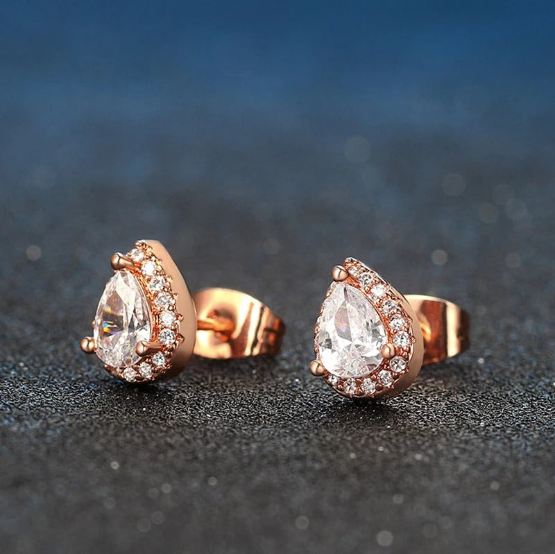 Rose Gold Pear-Cut Crystal & Sparkling Border Drop Earrings-Lydieannejewelry