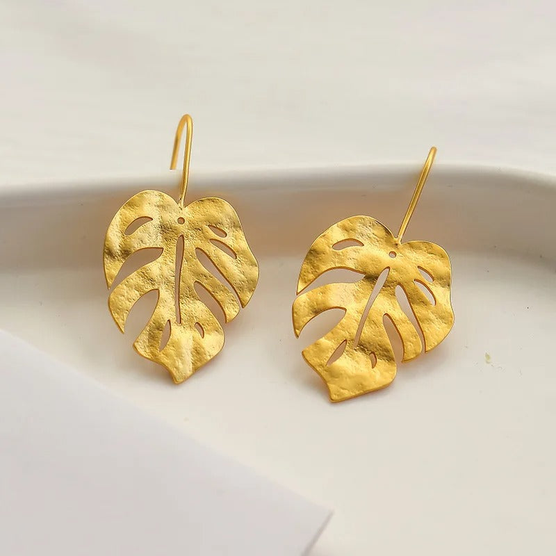 Vintage Gold Monstera Leaf Earrings-Lydieannejewelry