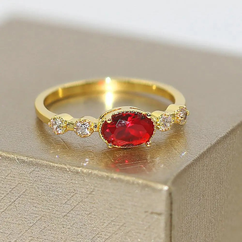 Vintage Gold Vibrant Red Oval Stone Ring-Lydieannejewelry