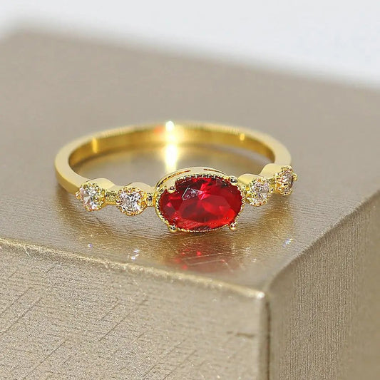 Vintage Gold Vibrant Red Oval Stone Ring-Lydieannejewelry