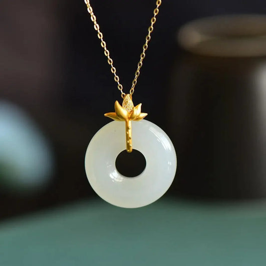 Vintage Gold Lotus & White Circle Pendant Necklace-Lydieannejewelry