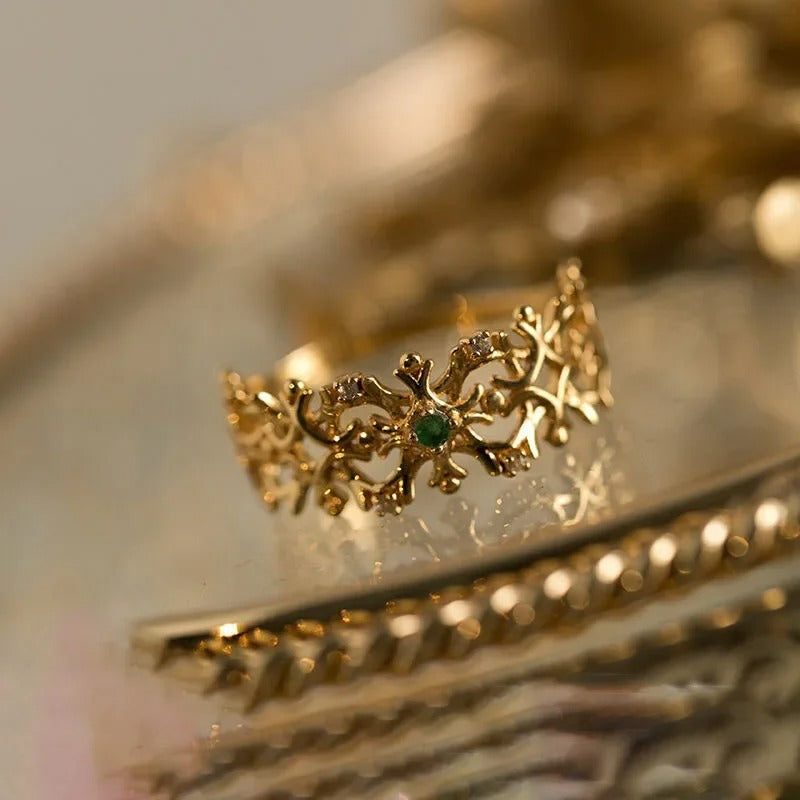 Timeless Gold Snowflake Green Gemstone Adjustable Ring-Lydieannejewelry