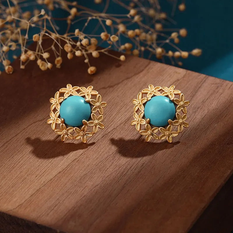 Retro Gold Round Turquoise Gemstone & Flower Accent Earrings-Lydieannejewelry
