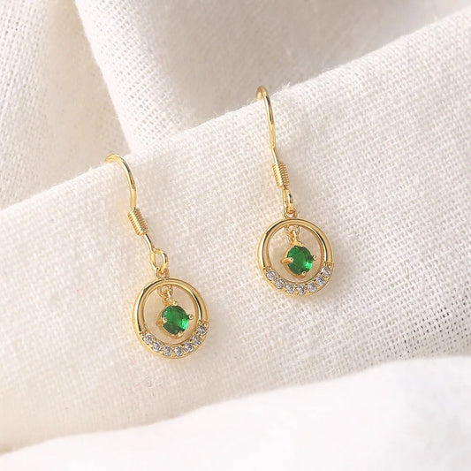 Vintage Gold Green Stone & Sparkling Halo Drop Earrings-Lydieannejewelry
