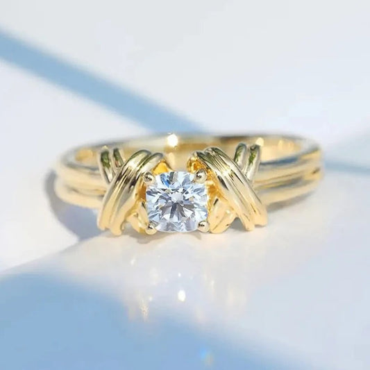 Gold X-Shaped Round Zirconia Ring-Lydieannejewelry