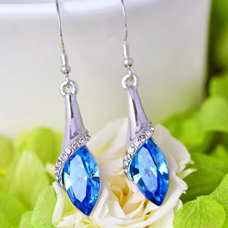 Silver Blue Crystal Dangle Earrings-Lydieannejewelry