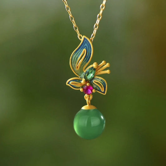 Vintage Gold Butterfly Bloom Crystal Pendant Necklace-Lydieannejewelry