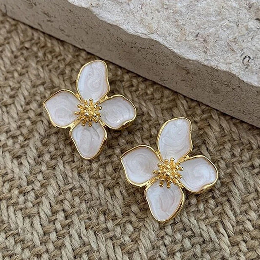 Vintage Gold White Blossom Earrings-Lydieannejewelry