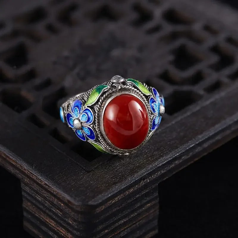 Vintage Silver Inlaid Southern Red Tourmaline Adjustable Ring-Lydieannejewelry