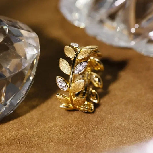Vintage Gold & Diamond Leaf Crystal Adjustable Ring-Lydieannejewelry