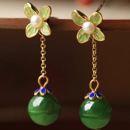 Vintage Gold Pearl Fresh Flower & Green Gemstone Earrings-Lydieannejewelry