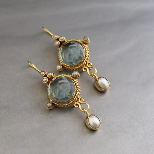 Vintage Blue Glass & Pearl Drop Earrings-Lydieannejewelry