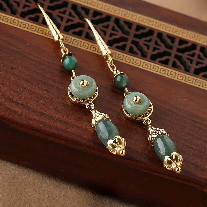 Classic Gold & Green Gemstone Drop Jasper Earrings-Lydieannejewelry
