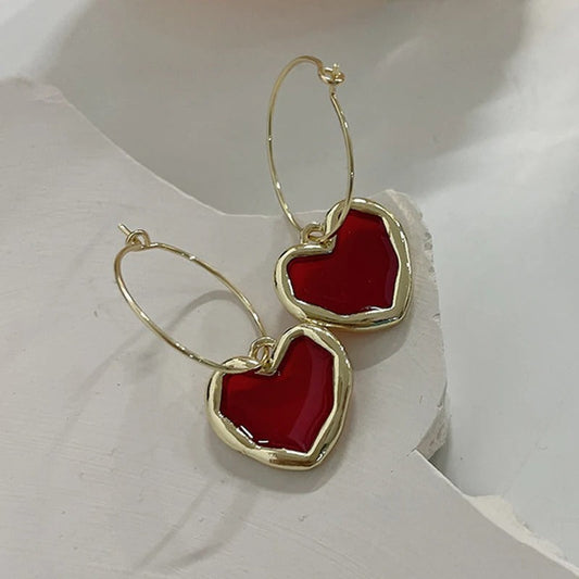 Gold Red Heart Circle Dangle Earrings-Lydieannejewelry