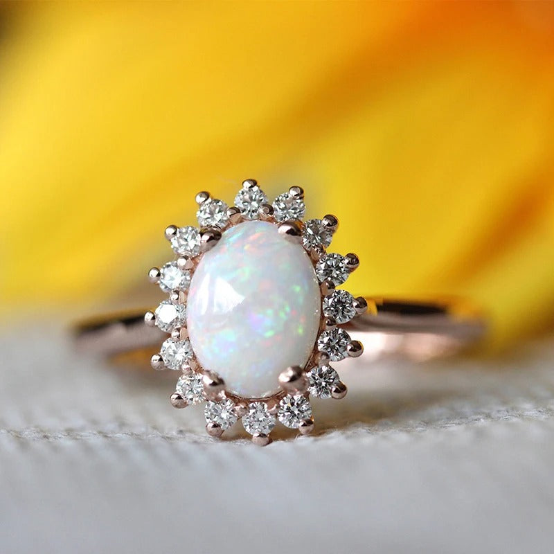 Vintage Rose Gold Oval Opal Gem & Radiant Crystal Border Ring-Lydieannejewelry