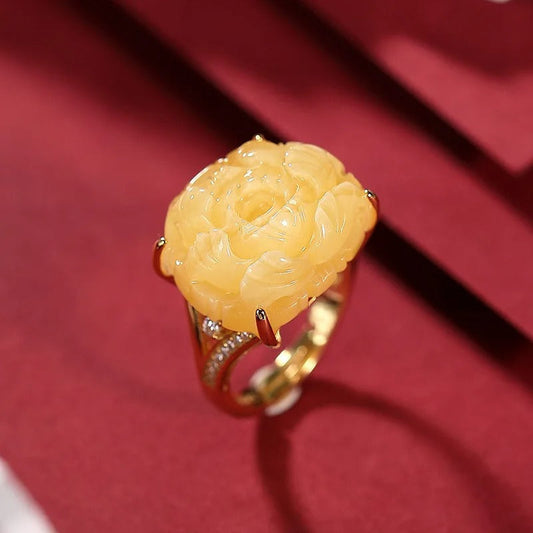 Vintage Natural Yellow Peony Flower Adjustable Ring-Lydieannejewelry
