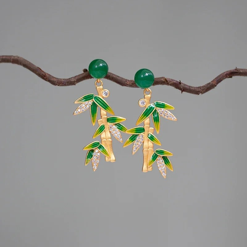 Vintage Gold Jade Green Bamboo Leaf Earrings-Lydieannejewelry