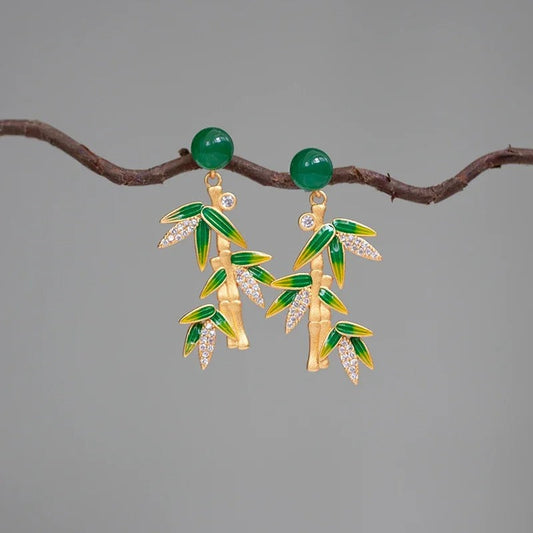 Vintage Gold Jade Green Bamboo Leaf Earrings-Lydieannejewelry